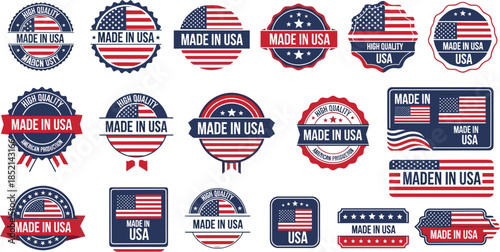 Collection of Made in USA labels and badges for product branding