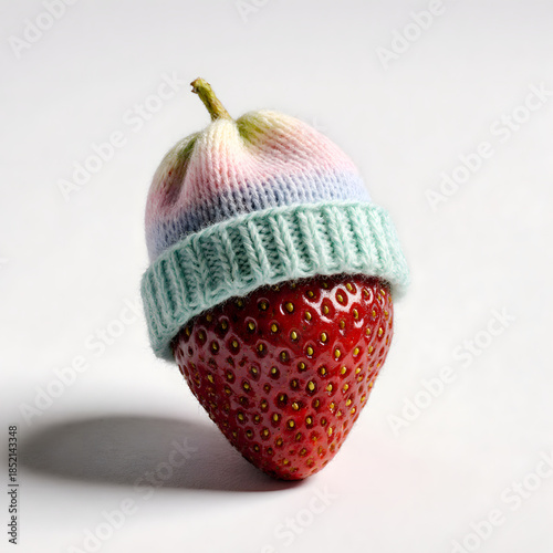 Ripe strawberry wearing a tiny knitted winter hat in pastel colors  