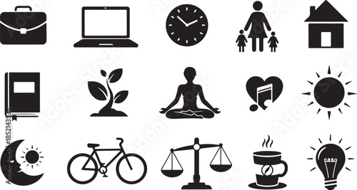 Set of fifteen black life balance icons