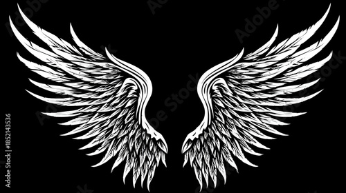 Majestic white feathered wings graphic isolated on black, symbolizing freedom, spirituality, power, and angelic fantasy.