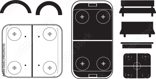 Ice hockey rink and bench element icons