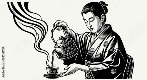 Japanese Woman Pouring Hot Tea From Kettle Into Cup.