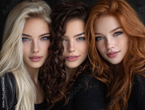three beautiful women with different hair colors posing together. one has long, straight blonde hair and blue eyes