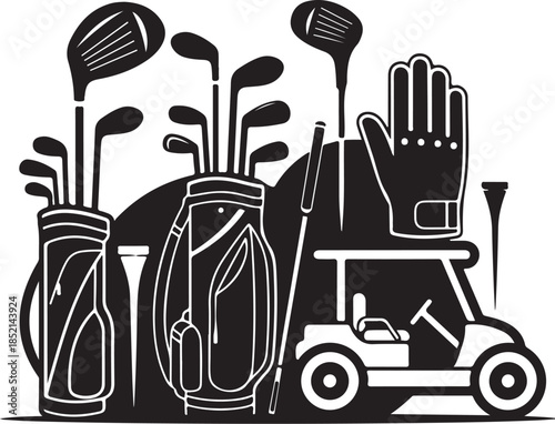 Golf equipment icons black and white graphic
