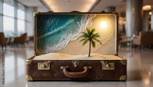 Vintage leather suitcase revealing miniature tropical beach scene inside  