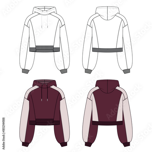 Women’s Oversized crop Hoodie Technical Flat — contrast panels with Seam Mapping and Complete CAD Template