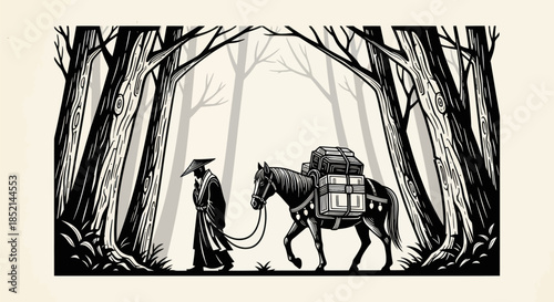 Monk and Horse Journeying Through Forest Carrying Supplies.