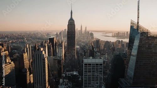 New York City Skyline at Sunset Aerial View.