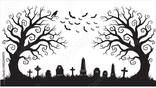 Halloween seamless panorama vector, black silhouette cemetery landscape, spooky graves and bats, crooked tree silhouette, repeatable horror background, panoramic horror scene.