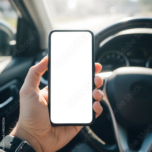 Car Interior Smartphone Mockup - Hand Holding Phone with Dashboard Background for Navigation Apps, Ride-Sharing Services and Driving Safety Content