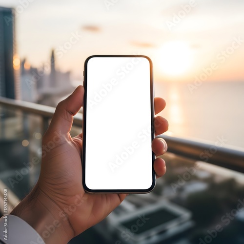 Hotel Balcony Smartphone Mockup - Hand Holding Phone with City View Background for Travel Booking Apps, Luxury Hotel Marketing and Vacation Content