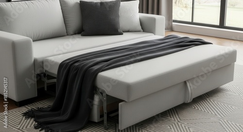 Modern light grey sofa bed partially extended in a living room