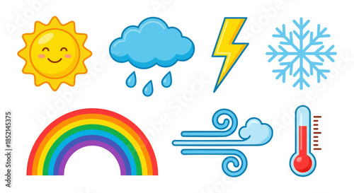 Various weather elements including sun, cloud, rainbow, and storm illustrated together