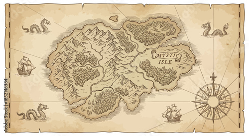A vintage map of a fantasy island with a compass and ships surrounding it