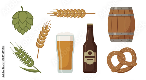 Assorted beer ingredients and brews displayed on a clean white background with a selection of pretzels, hops, and grains