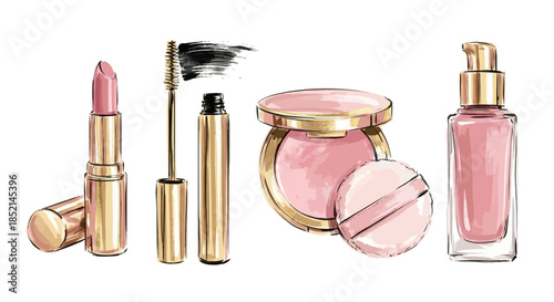 An assortment of beauty products including lipstick, mascara, powder, and perfume displayed against a clean white background.