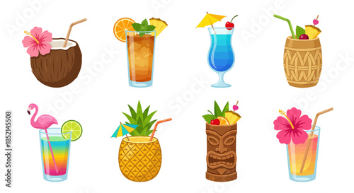 A vibrant collection of tropical cocktails and refreshing fruit drinks. Perfect for summer parties, beach vacations, and festive celebrations