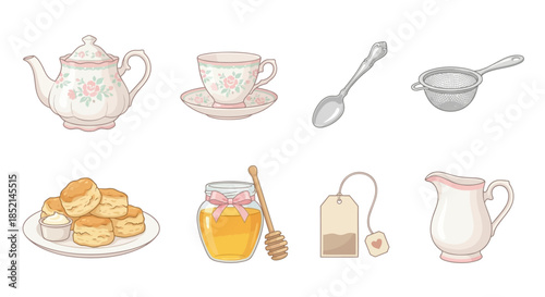 Elegant collection of illustrations for a traditional afternoon tea party, featuring delicate teaware, sweet treats, and essential accessories for a cozy beverage experience