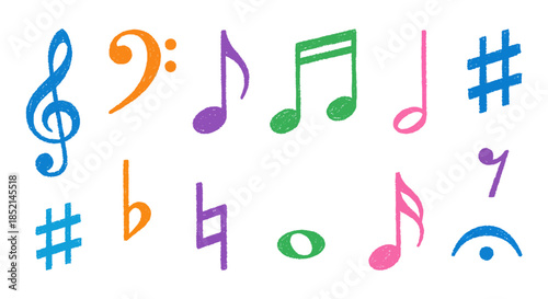 A vibrant collection of colorful musical notes, clefs, and symbols, perfect for creative projects and design elements