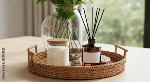 Elegant home decor with green plants, candle, and aroma diffuser.