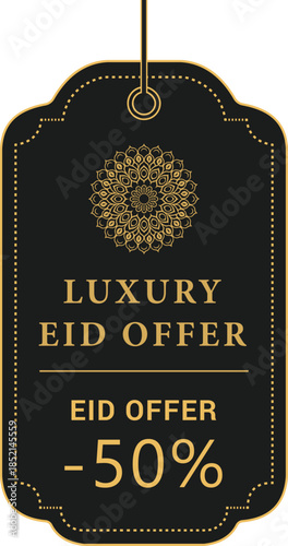 Luxury Eid Offer Sale Hanging Tag Vector in Black and Gold, Premium Islamic Discount Label with Mandala Ornament