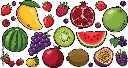 Vibrant colorful fruit assortment with strawberries, mangoes, and more