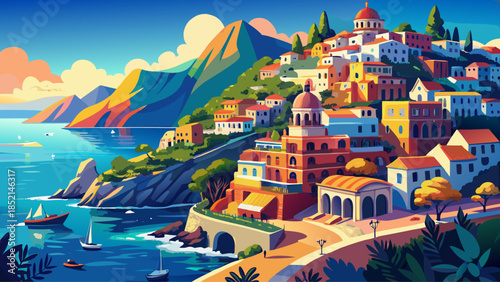 Very beautiful coastal view of the Amalfi Coast with colorful cliffside villages, deep blue sea, dramatic coastline, and bright Mediterranean light creating a luxurious and vibrant Italian travel 