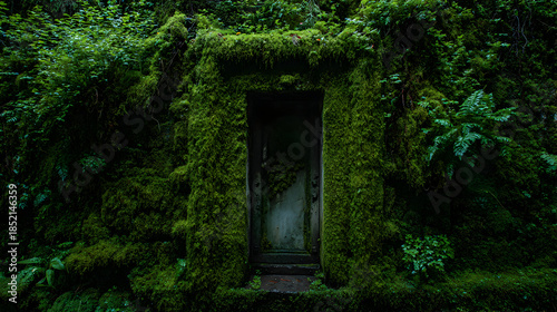 Overgrown doorway in enchanted forest