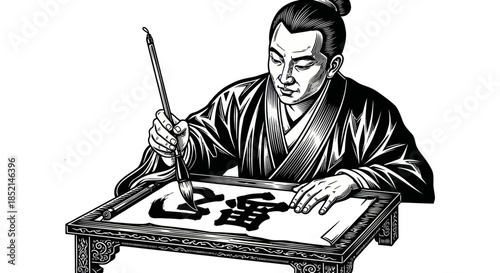 Man practicing traditional Chinese calligraphy with a brush on paper.