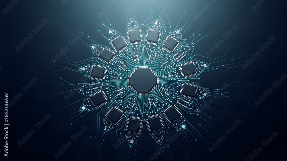 Fototapeta premium Blue abstract background with glowing snowflakes
