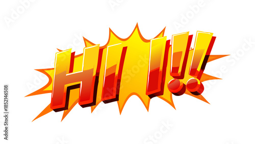Vibrant and energetic pop art style 'HI!!!' text illustration with dynamic explosive burst background, perfect for welcoming greetings and attention-grabbing design elements