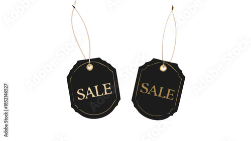 Two black sale tags with gold text, perfect for retail promotions and discounts