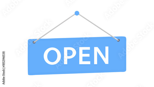 A welcoming bright blue hanging sign featuring the word 'OPEN' in clear white lettering, signaling business availability and inviting customers inside