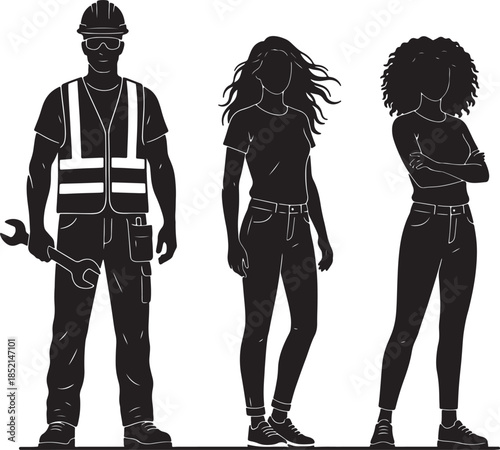 Diverse group of three silhouettes, a construction worker with a wrench, a woman with flowing hair, and a woman with curly hair also transparent background