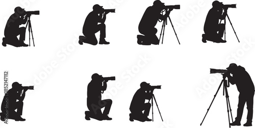 Eight diverse black silhouette of photographers in various poses capturing with cameras on tripods and kneeling positions also transparent background
