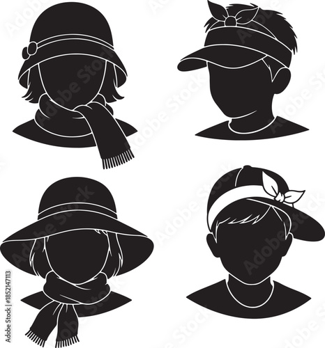 Four black silhouette bust portraits showcase individuals wearing different hats and scarves, suggesting fashion and style also transparent background