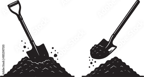 Two black silhouette shovels actively engaged in digging into piles of dark soil, with small clods of earth scattering around the tools on a white backdrop also transparent background