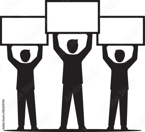 Three silhouetted figures holding blank signs above their heads symbolizing protest demonstration or public announcement with space for custom text and messages also transparent background