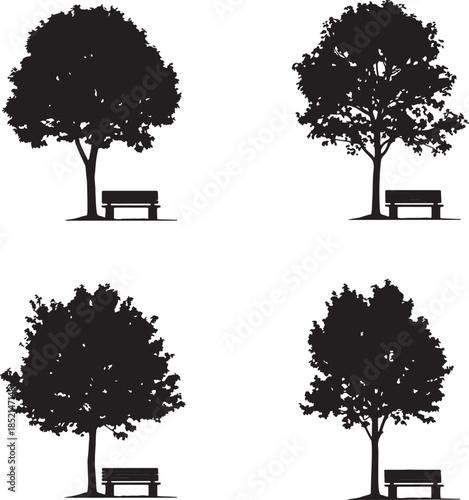 Four identical silhouettes of a tree with a park bench beneath it set against a stark white background also transparent background