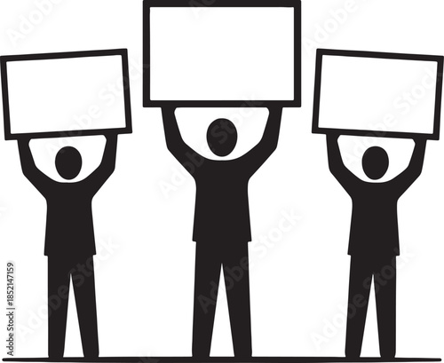 Three silhouetted figures holding blank signs above their heads symbolizing protest demonstration or public announcement with space for custom text and messages also transparent background