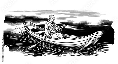 Man rowing boat on water focused and determined serene journey.