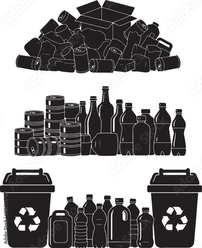 Collection of black silhouette recyclable including plastic bottles aluminum cans and cardboard boxes alongside recycling bins emphasizing environmental responsibility and also transparent background