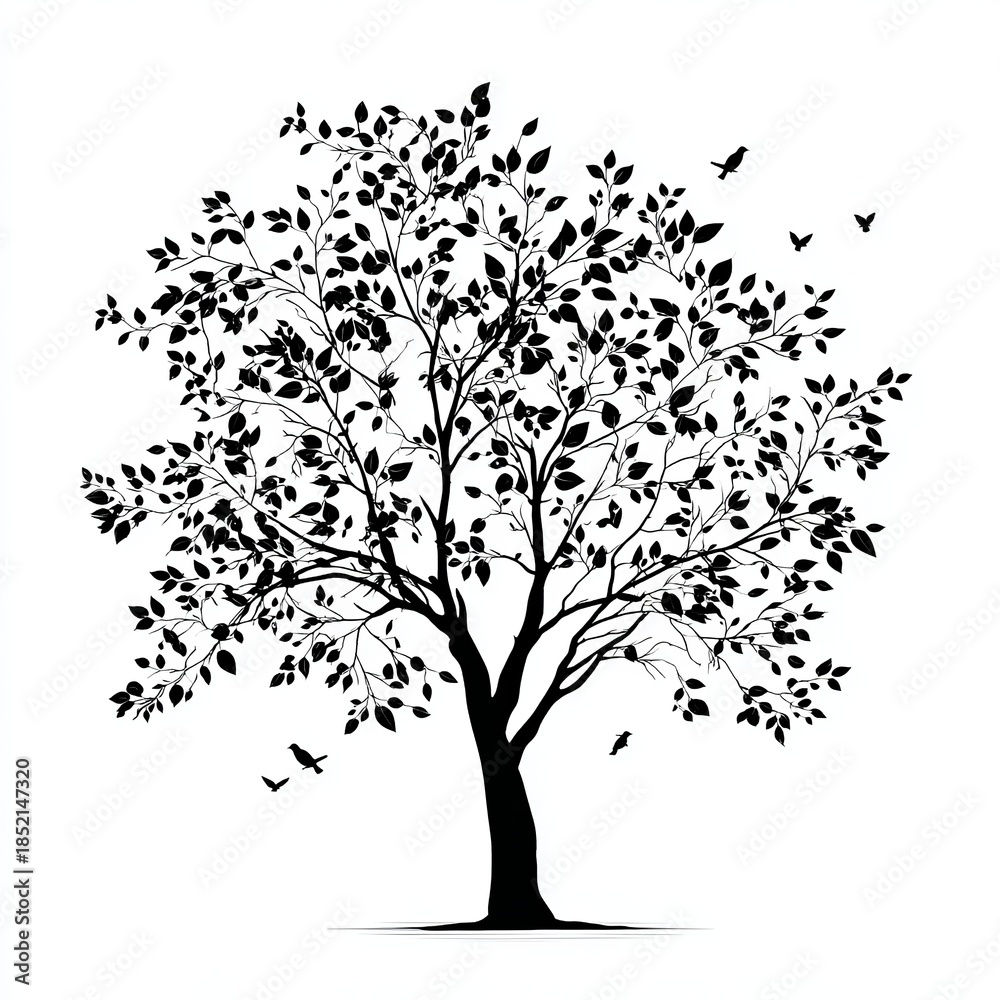 Obraz premium Black silhouette of a deciduous tree with many leaves and flying birds on a white background image