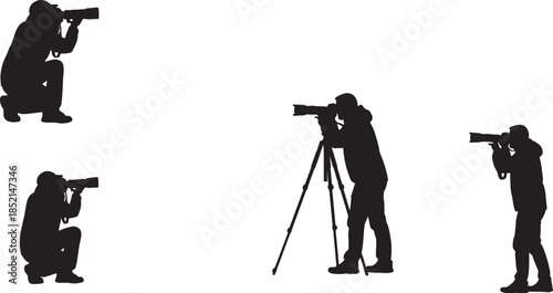Silhouettes of photographers actively capturing with cameras and tripods in various dynamic poses equipment also transparent background