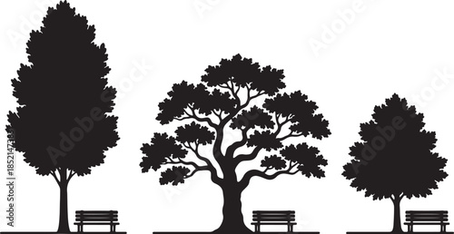 Three black silhouette trees of varying sizes and shapes, each with a park bench positioned at its base on a white background also transparent background