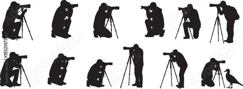 A collection of eleven black silhouette featuring photographers in various stances with cameras on tripods and one bird observing the scene also transparent background