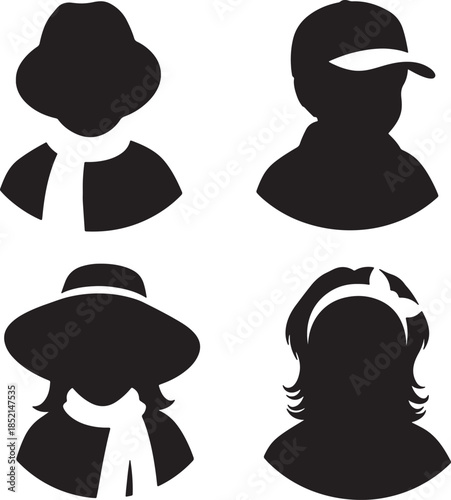 Silhouette portraits of four individuals featuring different headwear and accessories like hats scarves and headbands for diverse styles also transparent background