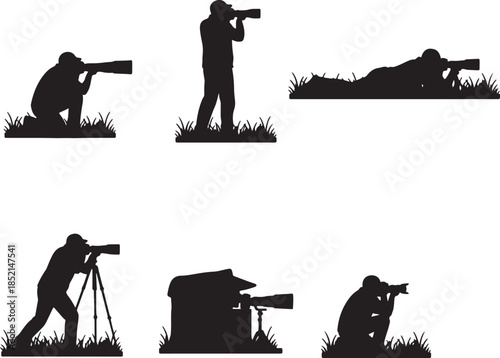 Wildlife photographer capturing in various poses and environments with camera equipment and camouflage blind also transparent background