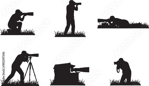 Wildlife photographer capturing in various poses and environments with camera equipment and camouflage blind also transparent background