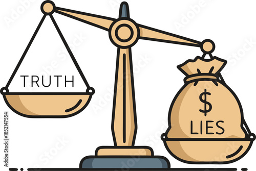Scales of justice, where a bowl with the inscription Truth loses to a heavy bag with dollars and the inscription Lies. The concept of paid disinformation and the influence of money on the truth.